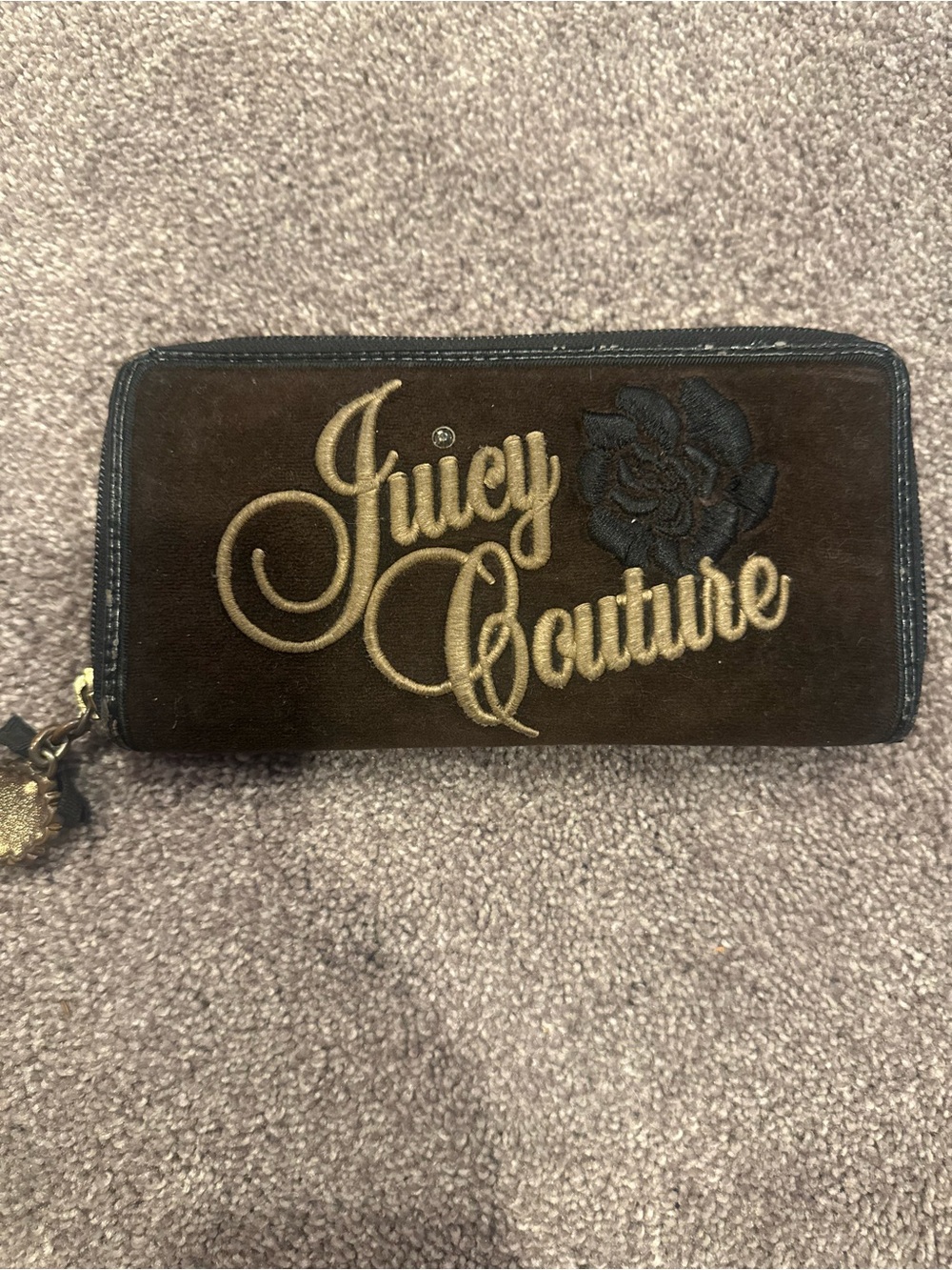 Juicy Couture Brown Suede Wallet with Gold Logo and Black Floral Accent